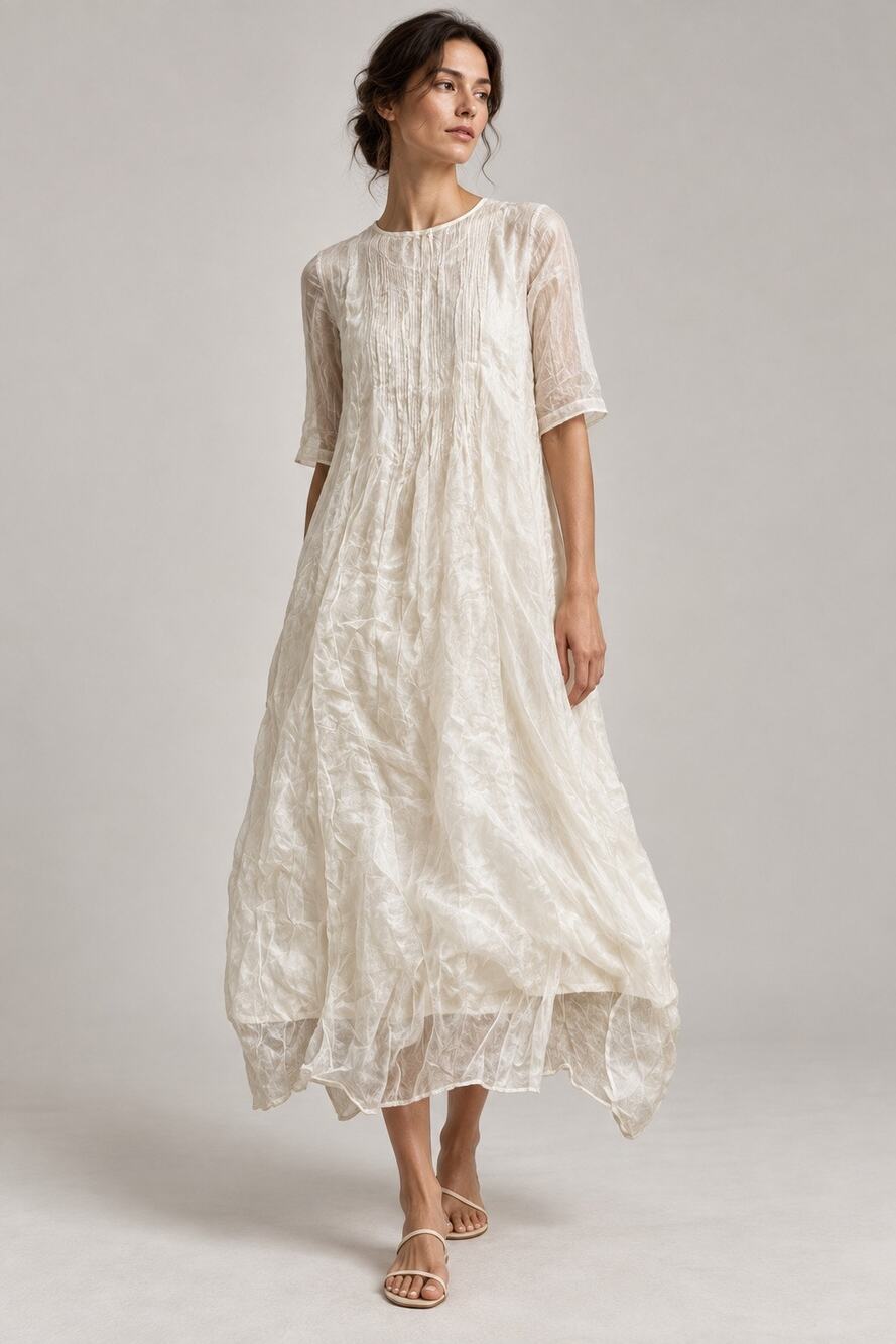 NWT ZIYI Ivory Silk Ramie Layered Lagenlook Maxi Dress XL
